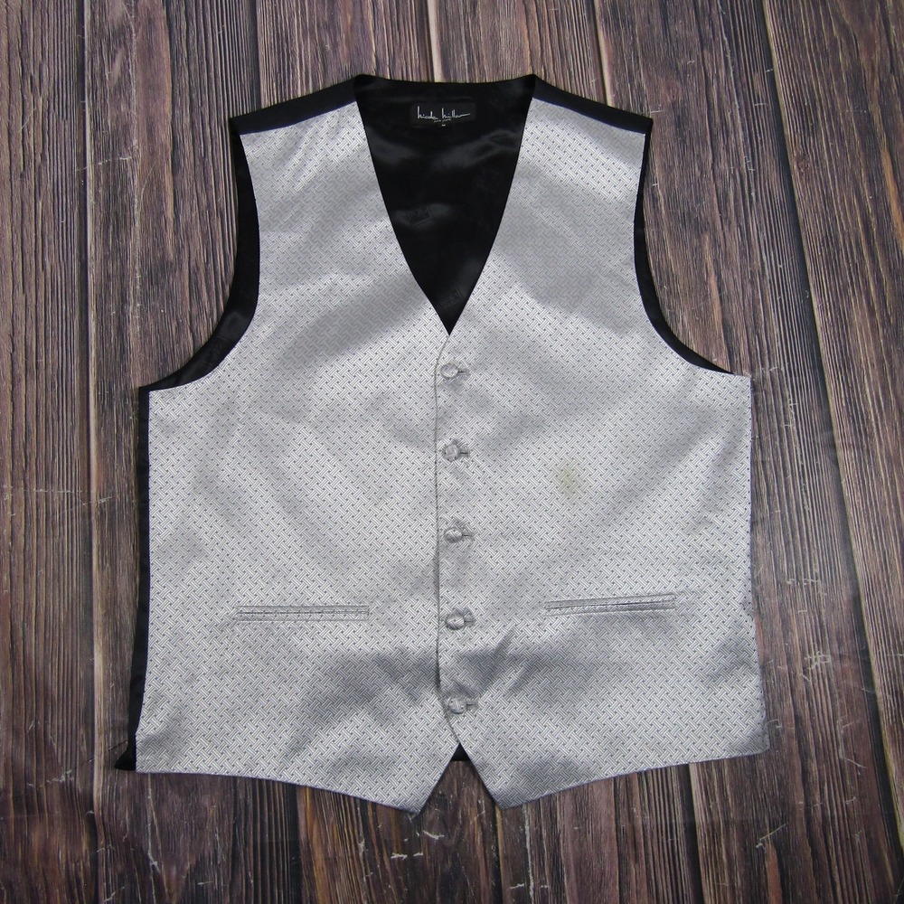 Suit Vest‎ Nicole Miller Mens M Silver Geometric Tuxedo Formal Waistcoat Wedding